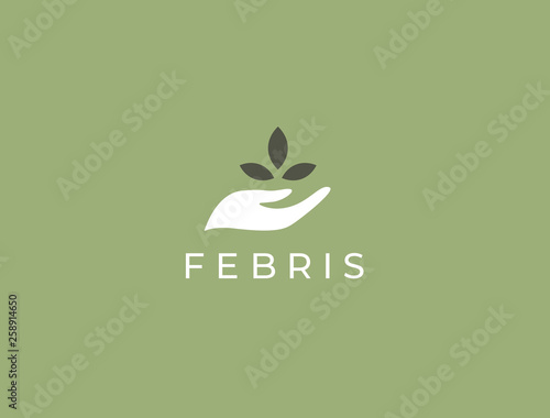 Hand with plant logo. Growth concept. Environment friendly symbol. Eco vector illustration. Hand + Leaf logo.