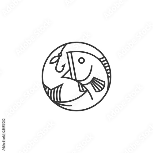 Modern linear fish and fishing hook icon. Fishing symbol. Seafood, shop, store, restaurant, fishing logotype.