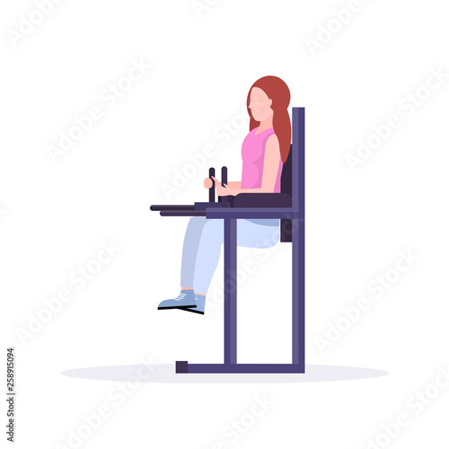 sports woman doing press abdominal exercises raising legs up girl training in gym workout healthy lifestyle concept flat white background