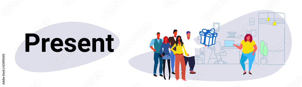 Obraz premium businesspeople office employee congratulating fat obese female colleague corporate team presenting gift box surprise to woman boss modern workspace cabinet interior sketch horizontal banner