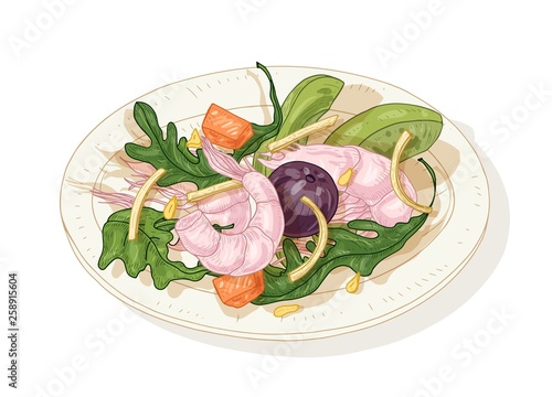 Tasty salad with seafood and vegetables on plate isolated on white background
