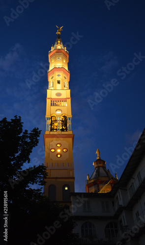 Night view of the bell tower of the Church of Our Lady of Suffrage and Santa Zita. photo