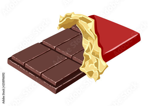 Dark chocolate bar in a red wrap and golden foil isolated on white background. Vector illustration of dessert in cartoon simple flat style.