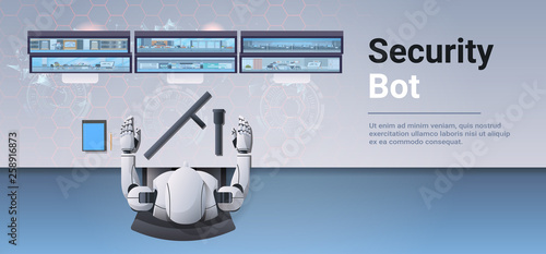 security guard bot looking monitor screen robot monitoring cctv cameras artificial intelligence concept top angle desktop view surveillance security system horizontal copy space
