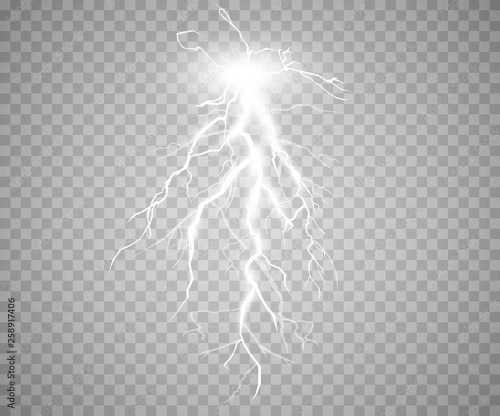 Set of lightnings. Thunder-storm and lightnings. Magic and bright lighting effects. Vector Illustration