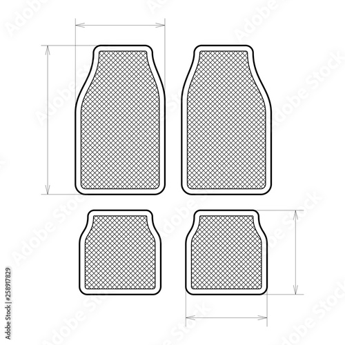 Car mats illustration. Car floor carpet set with dimension lines.