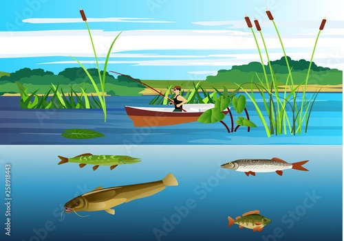 Fisherman on the boat at fishing in the lake, fishes and nature scene