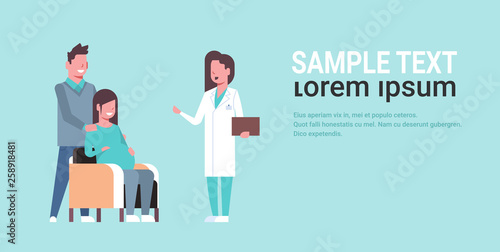 husband with pregnant wife visiting female doctor gynecologist conducting pregnancy gynecology consultation concept cartoon characters full length horizontal copy space © mast3r
