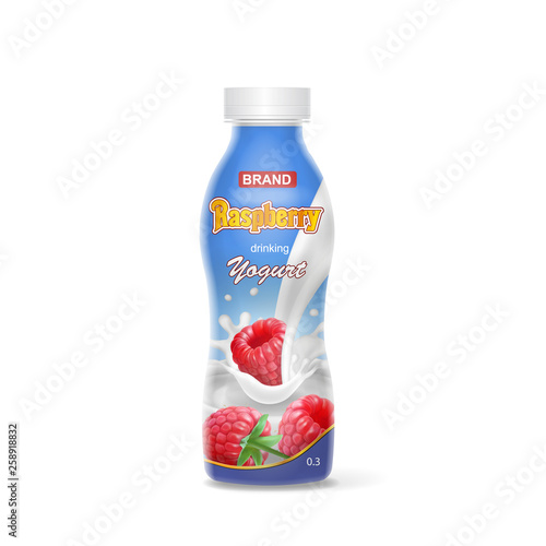 Yogurt plastic bottle with drinking raspberry yogurt.