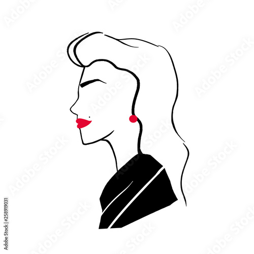 Stylized drawing of elegant fashionable pretty girl. Profile portrait of youn...