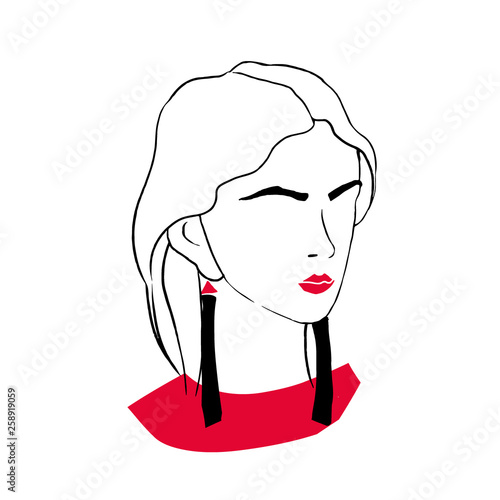 Stylized outline portrait of elegant fashionable young lady. Drawing of stylish woman with red lips, trendy tassel earrings and loose long hair isolated on white background. Vector illustration.