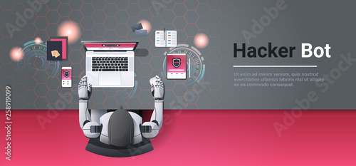 robot hacking digital devices computer hacker bot concept data privacy attack internet information security artificial intelligence top angle desktop warkplace copy space