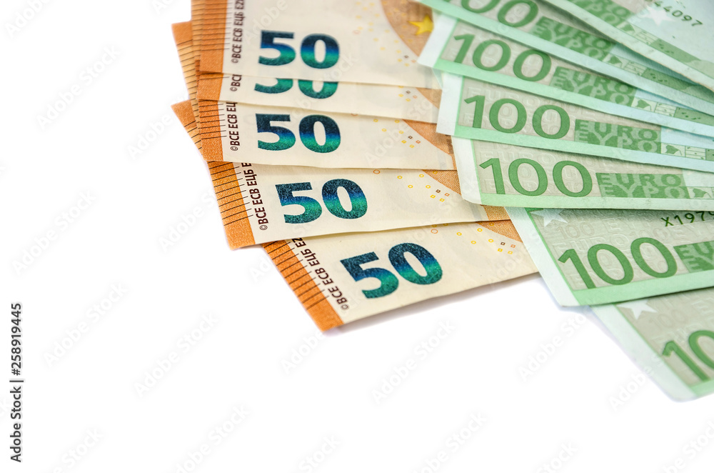 banknotes of one hundred and fifty euros on a white background banknotes of one hundred and fifty euros on a white background
