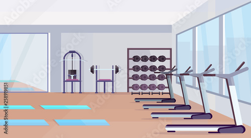 fitness hall studio workout equipment healthy lifestyle concept empty no people gym interior with mats training apparatus dumbbells mirror and windows horizontal