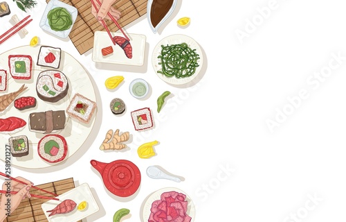 Background with table full of traditional Japanese food and hands holding sushi, sashimi and rolls with chopsticks. Realistic vector illustration for Asian restaurant advertisement, promotion.
