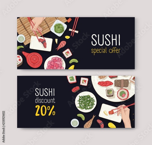 Set of discount vouchers or coupons with Japanese food and hands holding sush...