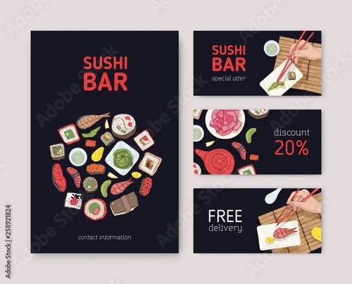 Bundle of flyers, web banners or coupons for Japanese restaurant with hands h...