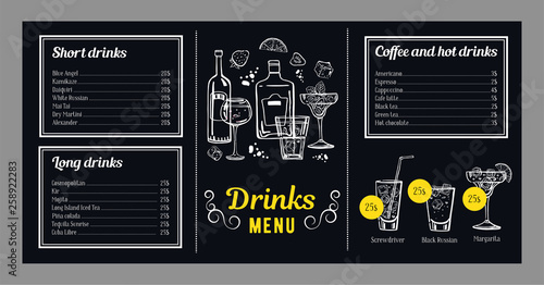 Cocktail menu design template with list of cold and hot drinks and illustrations with cocktails and bottles. Vector hand drawn graphics on blackboard background