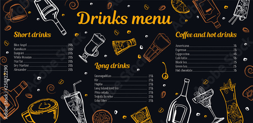 Cocktails, coffee and hot drinks menu design template with list of drinks and images of bottles, glasses and mugs. Vector outline sketch hand drawn illustration with blackboard background
