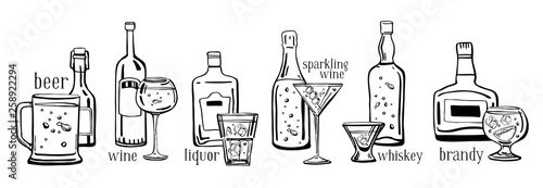 Vector outline hand drawn sketch illustration set with alcohol bottles, drink titles and glasses isolated on white background