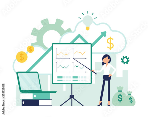 Presentation at board with woman. Young businesswoman showing business results, demonstration, introduction, lecture, speech, information with graphs. Vector abstract illustration, faceless characters