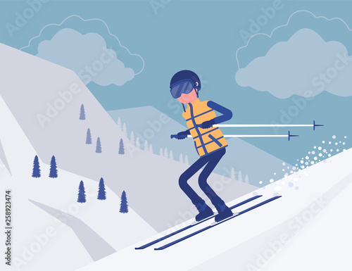 Active sporty man skiing downhill, enjoys winter outdoor fun on resort with beautiful snowy nature, mountain view, professional wintertime tourism, recreation. Vector illustration, faceless characters
