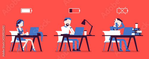 Office workers with battery charge level indicator. Employees of different energy limit, full, low, empty icon effectiveness of productive effort at workplace. Vector illustration, faceless characters