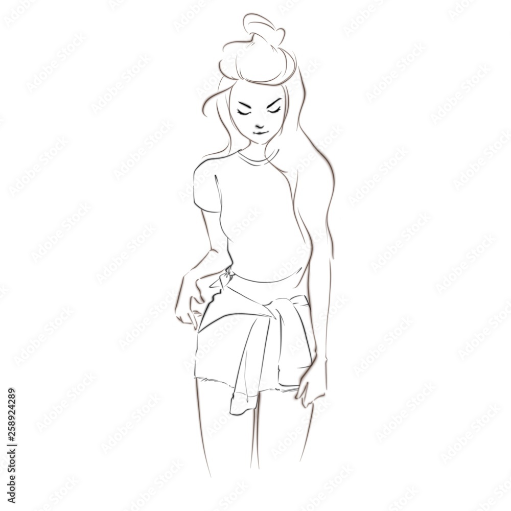 Outline sketch of a sporty sexy girl wearing t-shirt and short pants ...