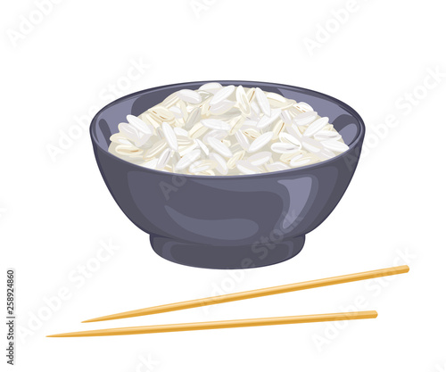 Rice bowl with chopsticks isolated on white background. Vector illustration of cereal porridge in cartoon simple flat style.