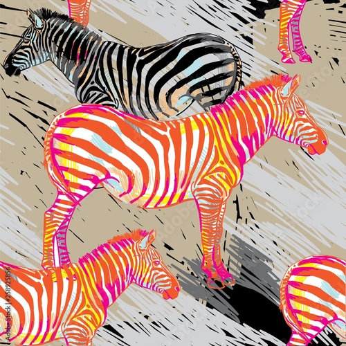 Seamless pattern with zebras. Multicolored horses, striped zebra. Pop Art. Stylish colorful background. Summer print. Figured markers.