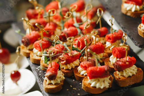 luxury Canape with meat and vegetable. Closeup