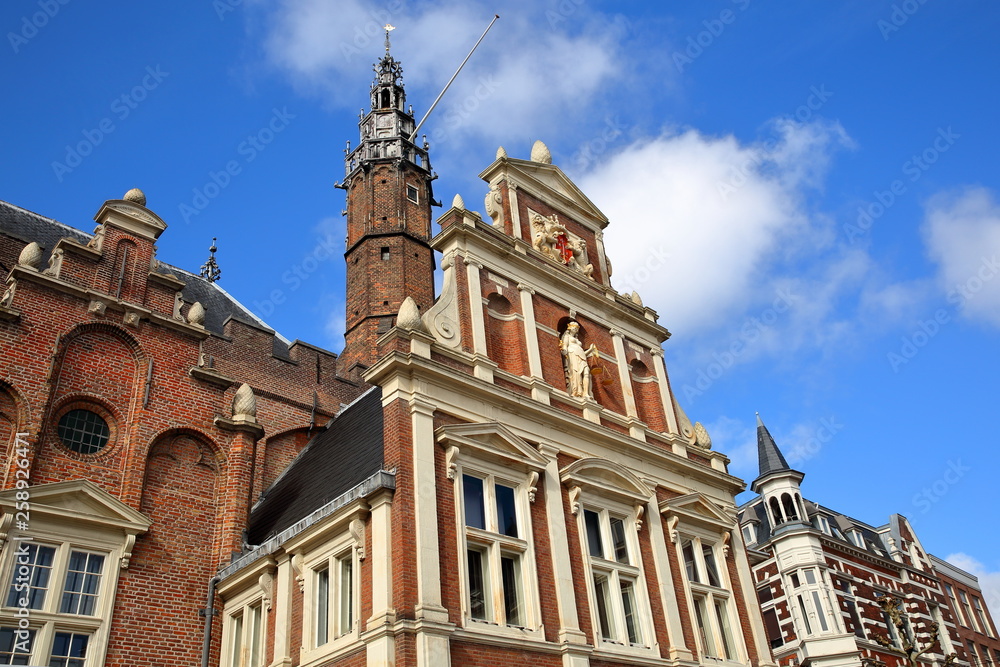 The ornate and colorful architecture of the town hall (Stadhuis) in Haarlem, Netherlands
