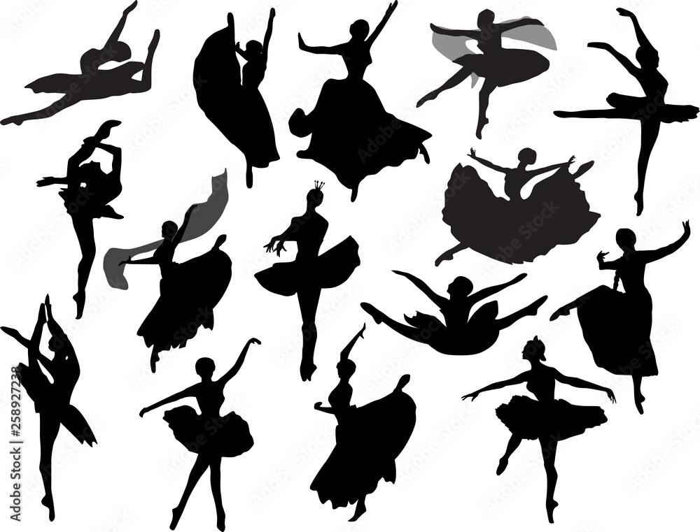 fifteen isolated black ballet dancer silhouettes