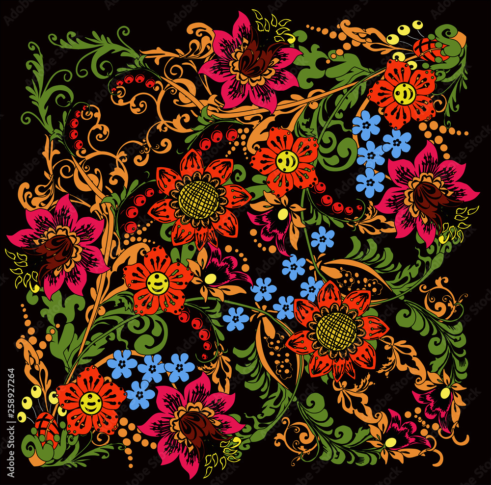 red flowers in decorated design on black background