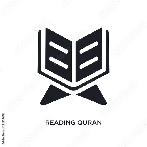 black reading quran isolated vector icon. simple element illustration from religion concept vector icons. reading quran editable logo symbol design on white background. can be use for web and mobile