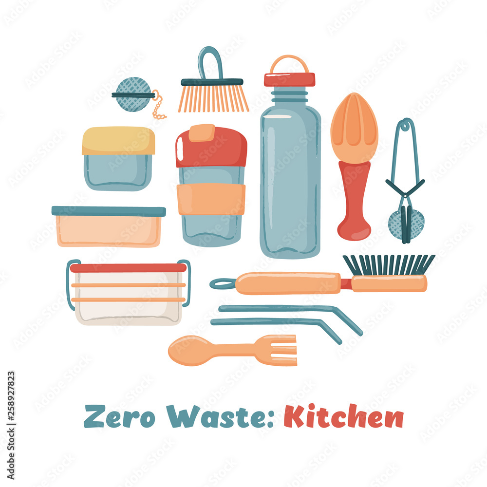 Zero Waste, eco lifestyle set of kitchen objects including containers water bottle travel mugtea infuser reusable cutlery straws and dish brush, vector illustration isolated on white background