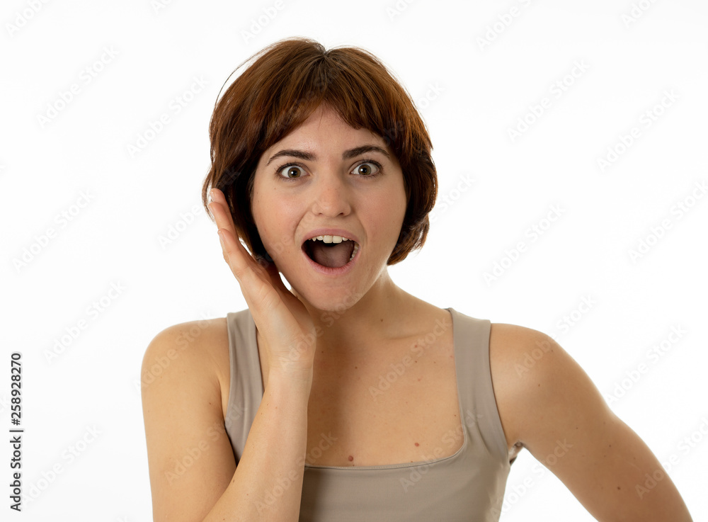 Close up portrait of surprised and happy woman celebrating victory and good news Close up portrait of surprised and happy woman celebrating victory and good news