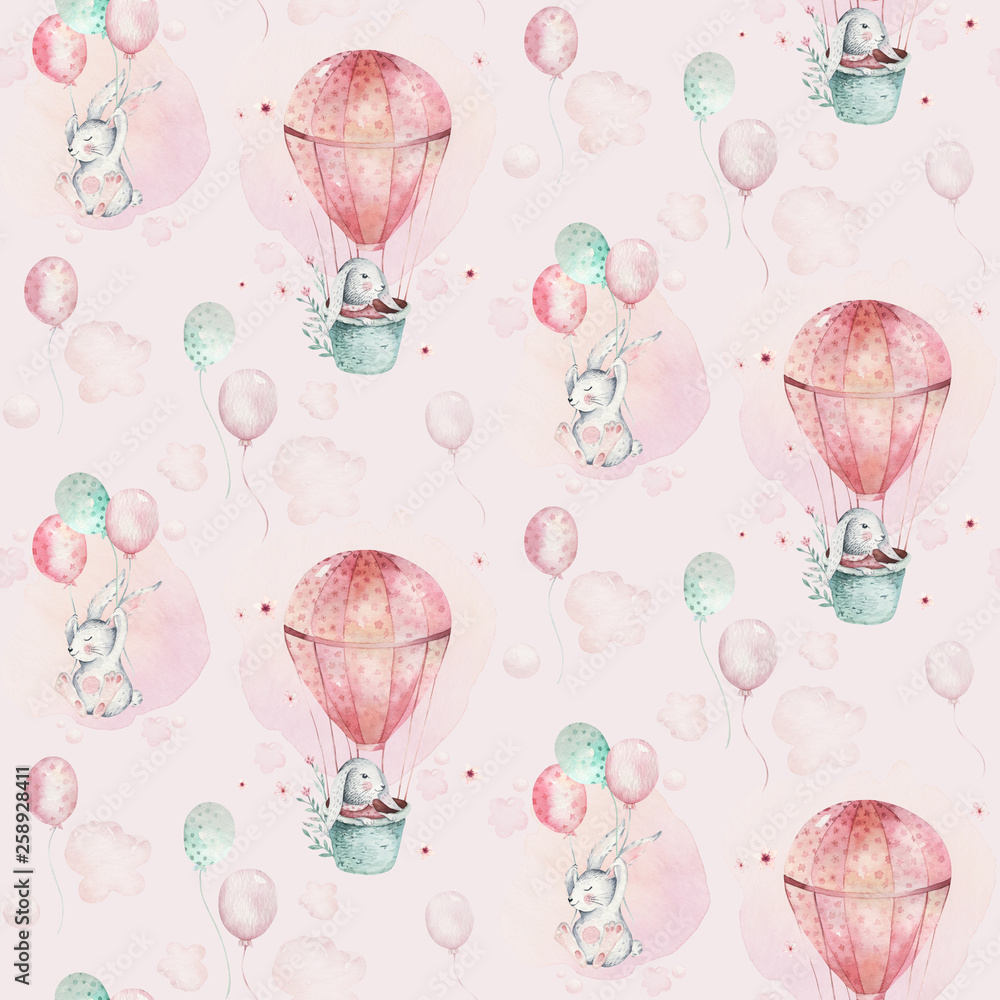 A watercolor spring illustration of the cute easter baby bunny. Rabbit cartoon animal seamless pink pattern with balloon