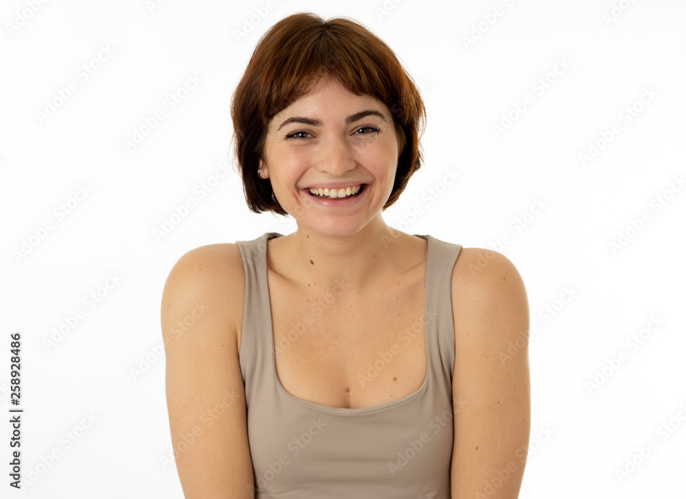 Portrait of young attractive cheerful woman with smiling happy face. Human expressions and emotions Portrait of young attractive cheerful woman with smiling happy face. Human expressions and emotions