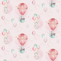 Wandcirkels Dieren met ballon patronen Paasbunny met ballon aquarel patroon  © kris_art