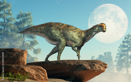 An Altirhinus on rocks in front of the moon.  Altirhinus  high snout  was a type of iguanodon dinosaur of the early Cretaceous period in Mongolia. 3D Rendering 