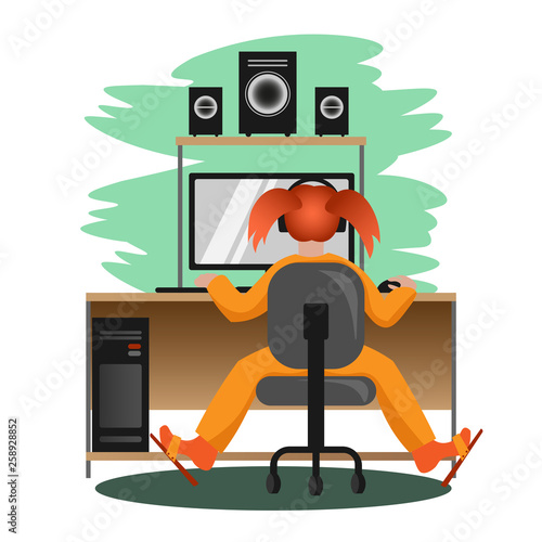 A child is sitting in front of a computer screen at a table in a swivel chair. The red-haired girl in pajamas was inclined to the monitor while she was playing funny. Vector illustration.