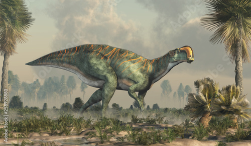 An Altirhinus in a wetland.  Altirhinus (high snout) was a type of iguanodon dinosaur of the early Cretaceous period in Mongolia. 3D Rendering © Daniel Eskridge