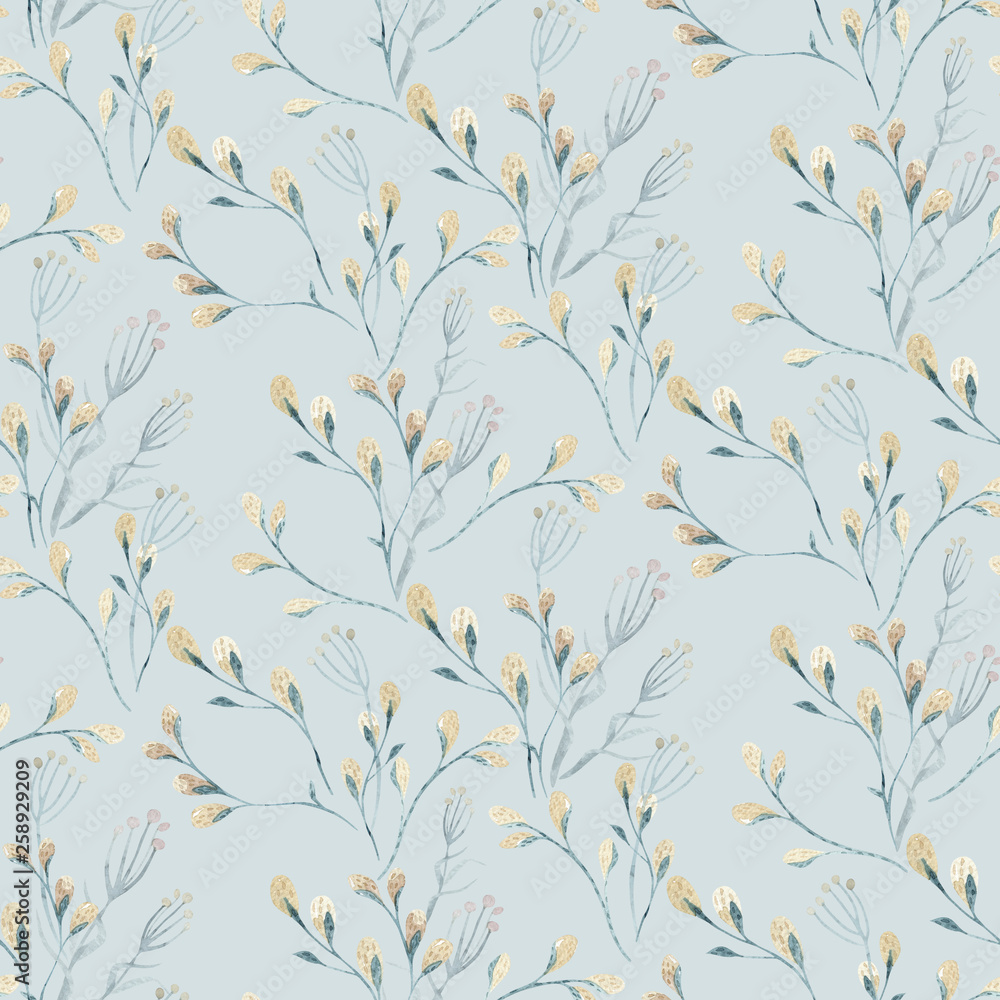 Seamless pattern with spring willow flowers and leaves. Easter Hand