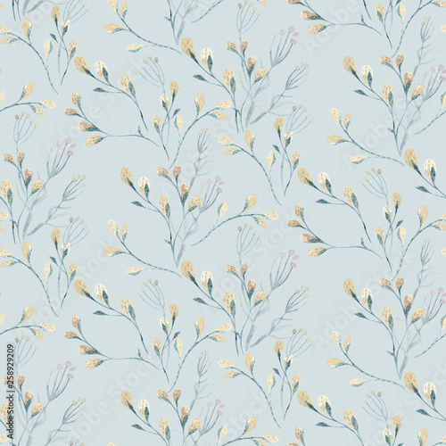 Seamless pattern with spring willow flowers and leaves. Easter Hand drawn background with pussy-willow branch. floral pattern for wallpaper or fabric.