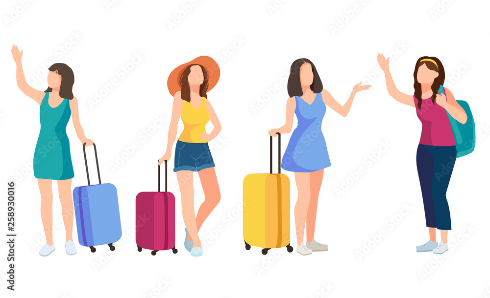Girls with suitcases traveling on vacation. Vector cartoon illustration isolated on white background