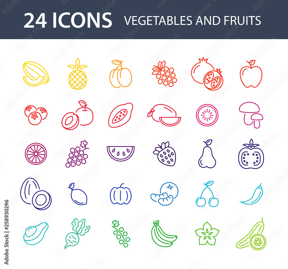 Set of colorful fruits and vegetables on a white background. Vector icon