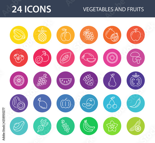 Set of colorful fruits and vegetables on a white background. Vector icon