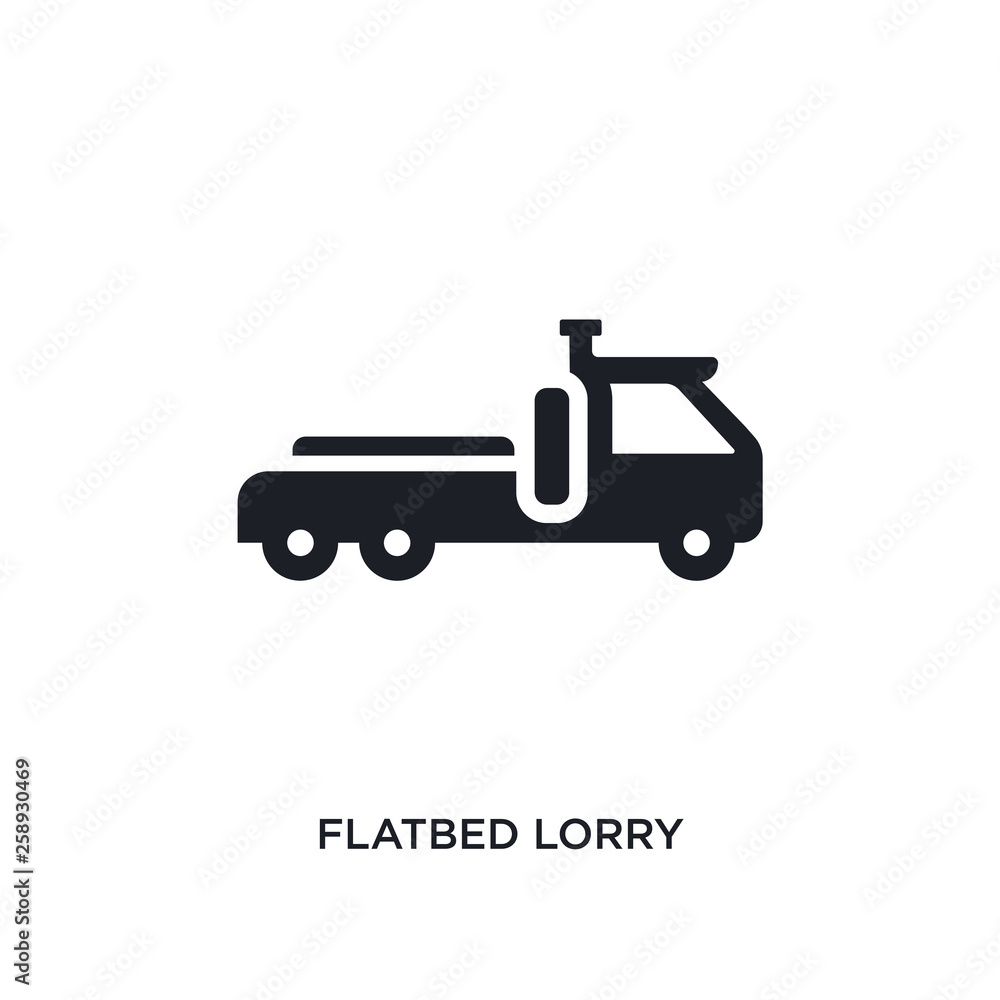 black flatbed lorry isolated vector icon. simple element illustration from transportation concept vector icons. flatbed lorry editable logo symbol design on white background. can be use for web and