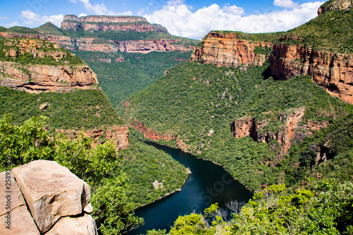 Blyde River Canyon and The Three Rondavels (Three Sisters) in Mpumalanga, South Africa. The Blyde River Canyon is the third largest canyon worldwide
